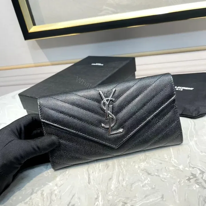 View 1 of Compact Black Envelope Wallet with YSL Hardware