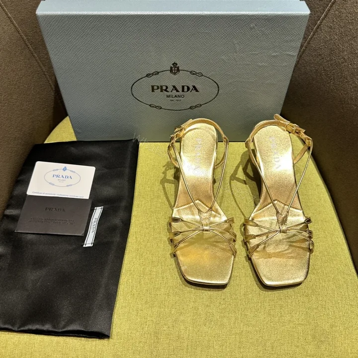 View 1 of 高仿Prada*1X504N方頭一字中踭涼鞋5.5CM金色免檢版