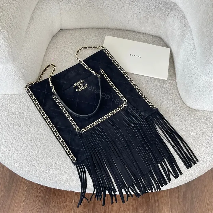 View 1 of Quilted Suede Fringe Tote: Luxe Chanel-Inspired