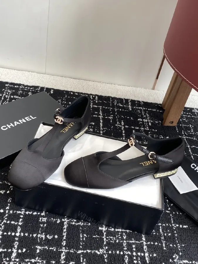 View 1 of Black Satin Mary-Jane Heels with Gold Signature Hardware