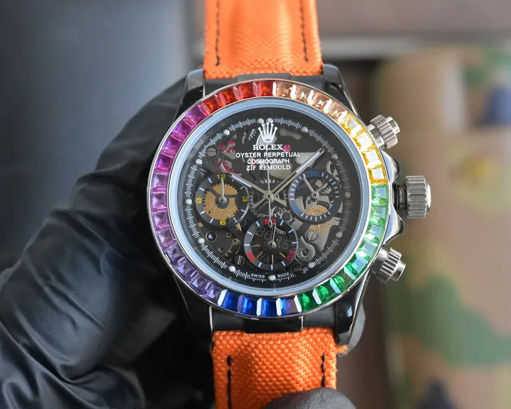 View 1 of Best Rolex Daytona Rainbow Orange Fabric Strap replica 43MM Hollow Dial Edition RG-DAYTONA-RAINBOW-ORANGE-FABRIC-43