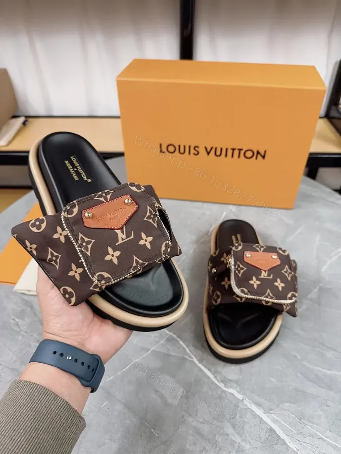 View 1 of Brown Monogram Leather-Trim Slides: Everyday Luxury Footwear