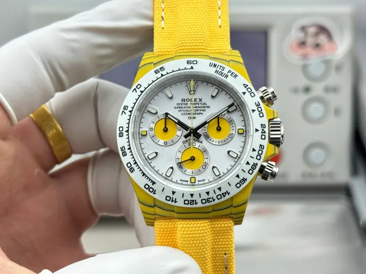 View 1 of Rolex Daytona Yellow Carbon Fiber Replica 40MM Premium White Dial Yellow Fabric Strap RG-DAYTONA-YELLOW-CF-40