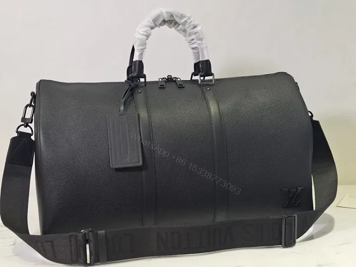 View 1 of Executive Black Duffle: Pebble Leather, LV-Inspired Travel Bag