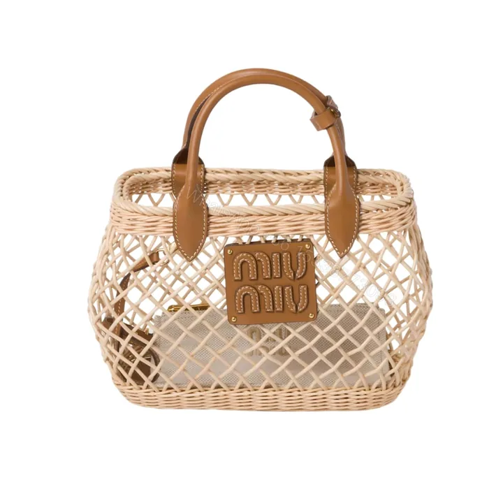 View 1 of MIUMIU WOVEN FABRIC HANDBAG TAN AND CARAMEL 25CM 5BA286 2CQV F0KFZ V OOO