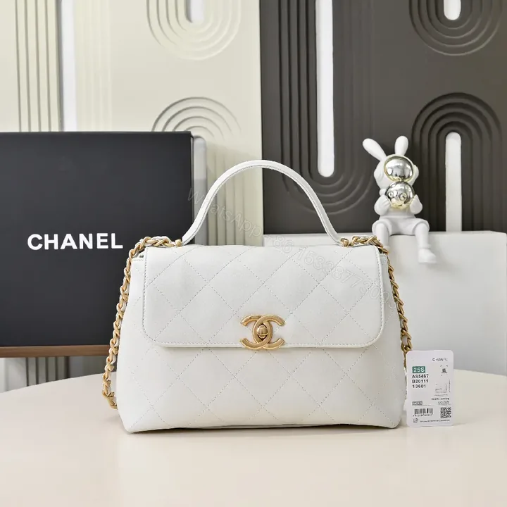 View 1 of White Quilted Flap Bag, Gold Clasp, Chain-Interlace Carrying Style, Luxury LivingBag