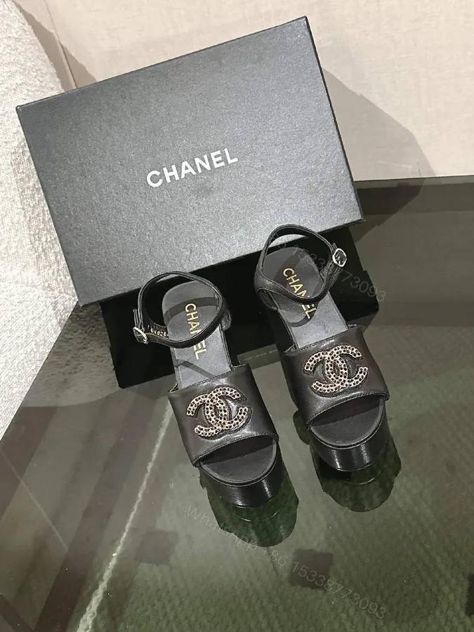 View 1 of Black Leather Block Heel Sandals with Logo Charm, Open Toe, Ankle Strap