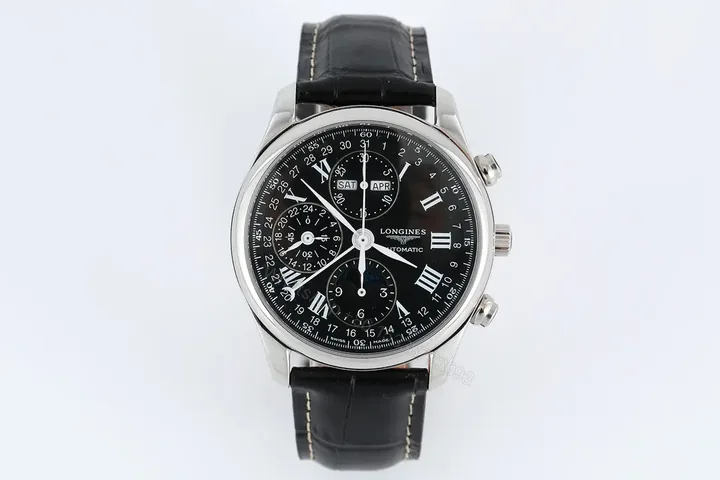 View 1 of Longines Master Collection Moonphase Eight Hand V4 Edition Black Dial Stainless Steel Case Leather Strap
