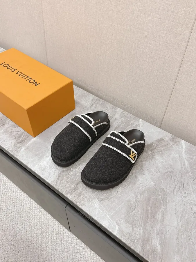 View 1 of LV Women Black Felt Leather Trim Mules