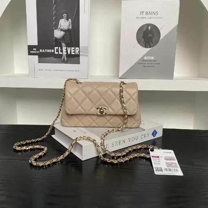 View 1 of Toasted Beige Quilted Leather Shoulder Bag — Gold Chain, Compact Lux
