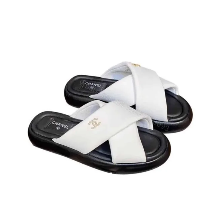 View 1 of Chanel CC Logo Criss Cross Slides White