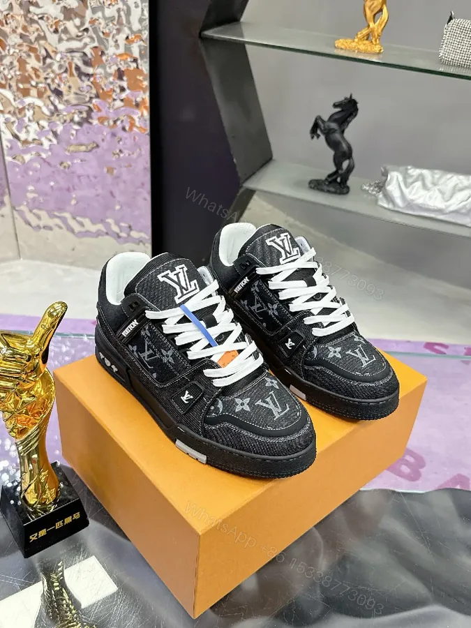View 1 of Bold Black Denim-Textured Sneakers with LV Monogram