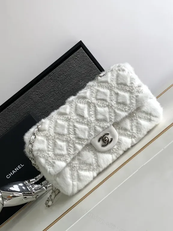 View 1 of White Faux-Fur Diamond Wallet Bag: Luxe, Structured, Signature Charm