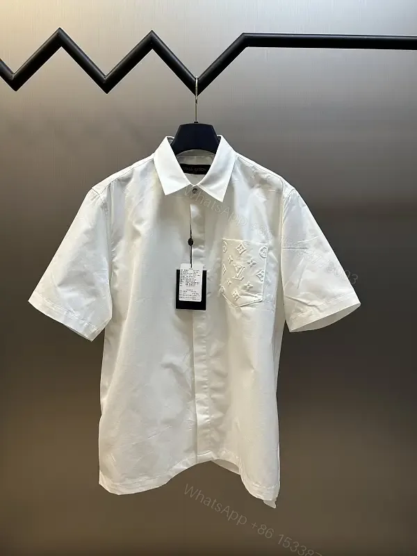 View 1 of White Cotton-Blend Shirt with Embossed Pocket Texture, Modern Luxury