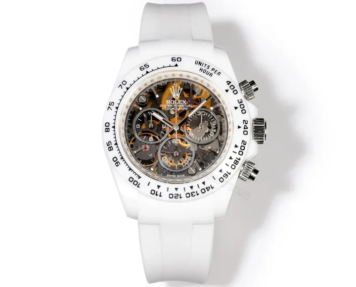 View 1 of Rolex Daytona 2 Chainz Skeleton White Ceramic replica 40MM White Rubber Strap Edition RLX-DAYTONA-2CHAINZ-SKELETON-40MM-WHITE