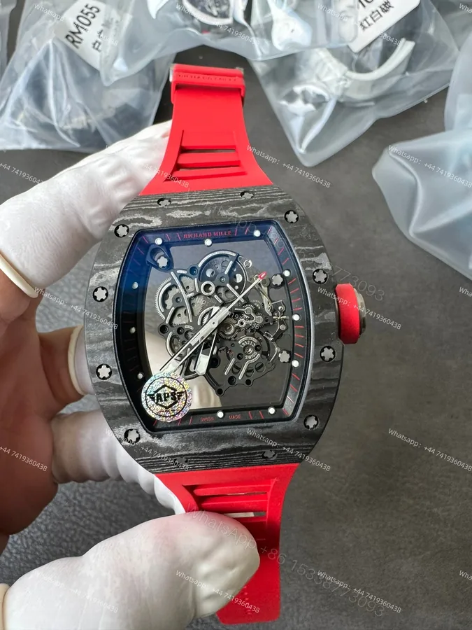 View 1 of Super Clone Richard Mille RM 055 Carbon TPT Red Rubber Strap 1:1 Replica Watch