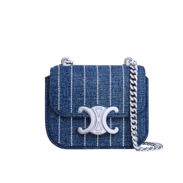 View 1 of CELINE MINI CHAIN CLAUDE IN STRIPED DENIM WITH STRASS BLUE 12CM 10L842GGJ 07DD