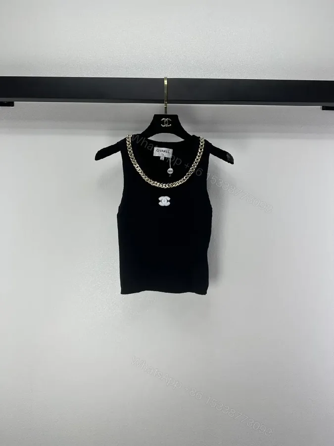 View 1 of Black Knit Tank with Gold Chain - Luxe Statement Top