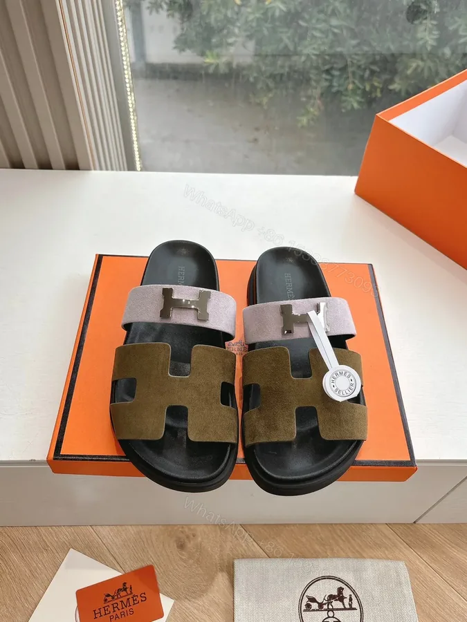View 1 of Hermes Women Pink And Olive Suede Sandals