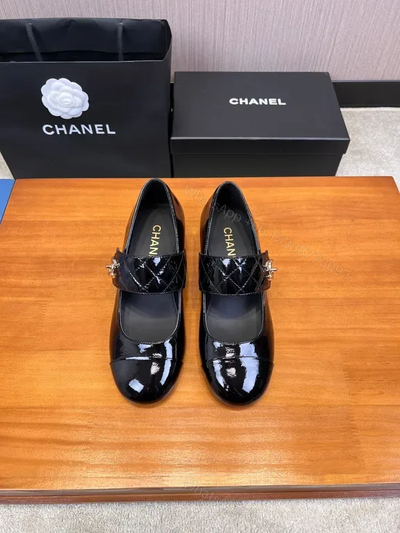 View 1 of Chanel-Inspired Patent Mary Jane Heels - Quilted Strap, Black