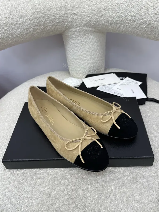 View 1 of Taupe & Black Two-Tone Ballet Flats with Bow Detailing