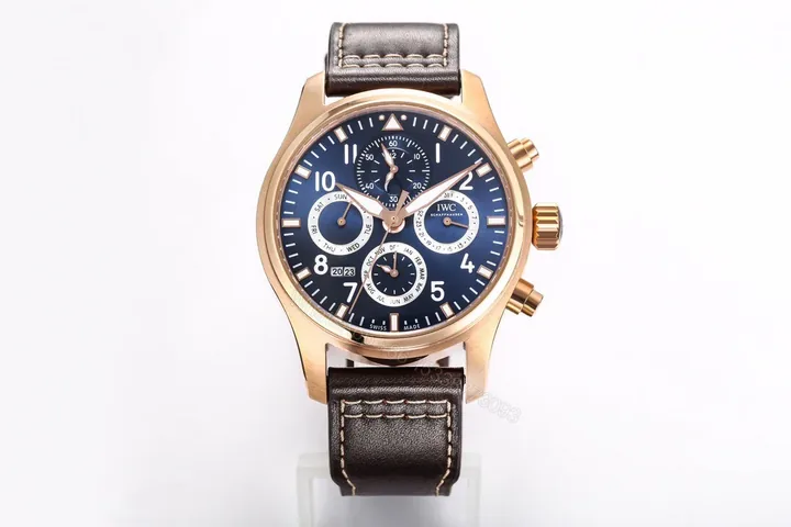 View 1 of IWC Pilot Perpetual Calendar Blue Replica 42MM Premium Rose Gold Case Brown Leather Strap Edition IWC-PILOT-PC-BLU42-RG