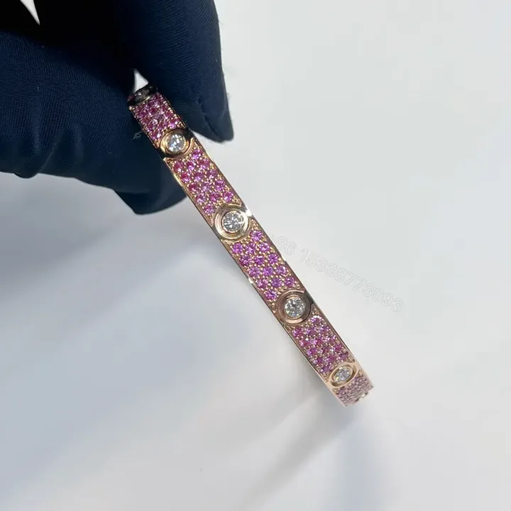 View 1 of New Released 18K Rose Gold Classic Cartier Love Bracelet with Pink Sapphire Pave 6.1MM