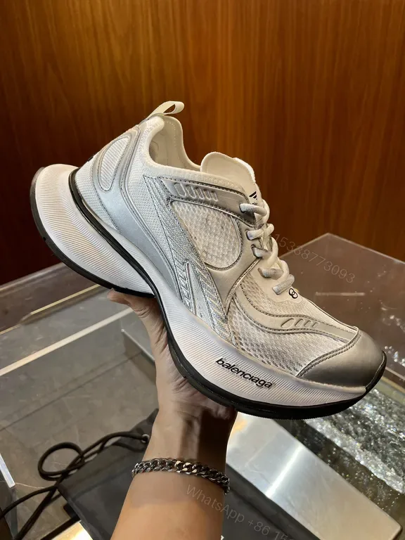 View 1 of White Silver Mesh Sneaker - Bold Curved Sole, Imitation Balenciaga Style