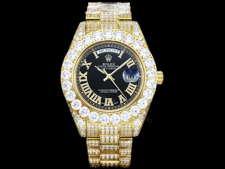 View 1 of Rolex Day-Date Gold Black Iced Replica 42MM RG-ROLEX-DD-GOLD-BLK-ICED-42