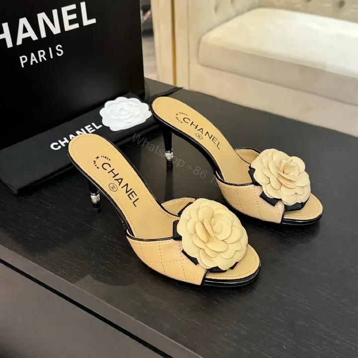 View 1 of Beige Quilted Leather Mules: Camellia, Sculpted Heel, Open-Toe