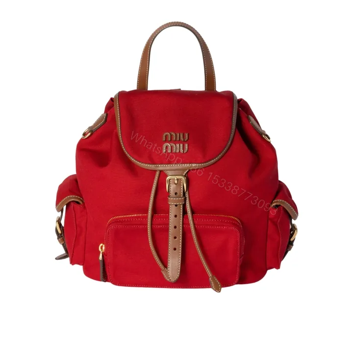 View 1 of MIUMIU CANVAS BACKPACK CORNFLOWER RED AND BRANDY 27CM 5BZ042 2IBQ F0TQE V OOO