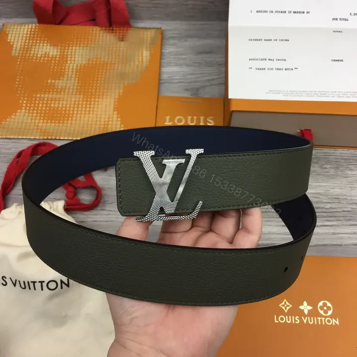 View 1 of Olive Pebble Leather Belt with Silver LV Buckle (Premium)