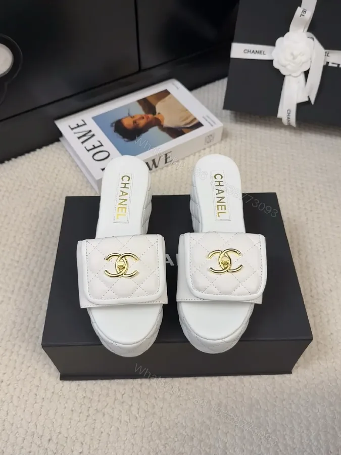 View 1 of White Quilted Slide Sandals with Gold Logo, Luxury Comfort
