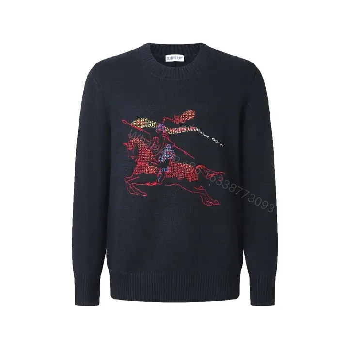 View 1 of Navy Knit Knight Embroidery Crewneck Sweater