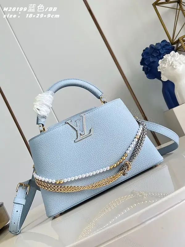 View 1 of Soft Blue Pebbled Leather Satchel with Pearl Chain Accent