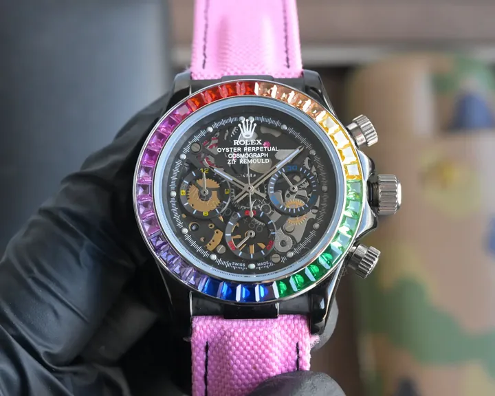 View 1 of Premium Rolex Daytona Rainbow Skeleton Pink Strap replica 40MM Fabric Strap Edition RG-DAYTONA-RAINBOW-SKELETON-PINK-STRAP-40