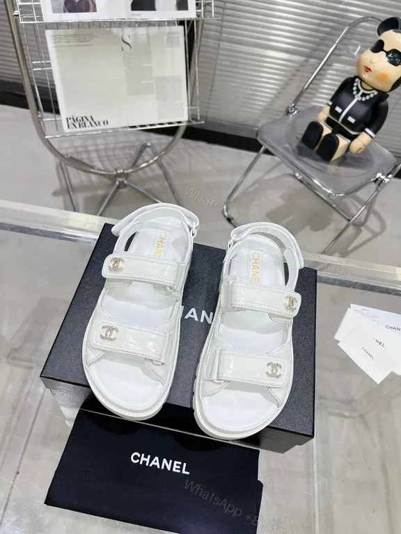 View 1 of White Leather Velcro Sandals with Chanel-Inspired Hardware