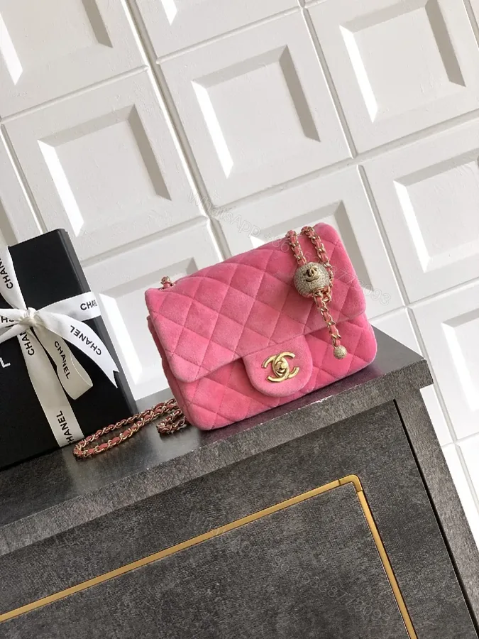 View 1 of Pink Velvet Quilted Flap Bag with Gold Hardware