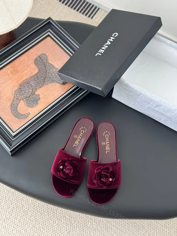 View 1 of Chanel Women Burgundy Velvet Slides