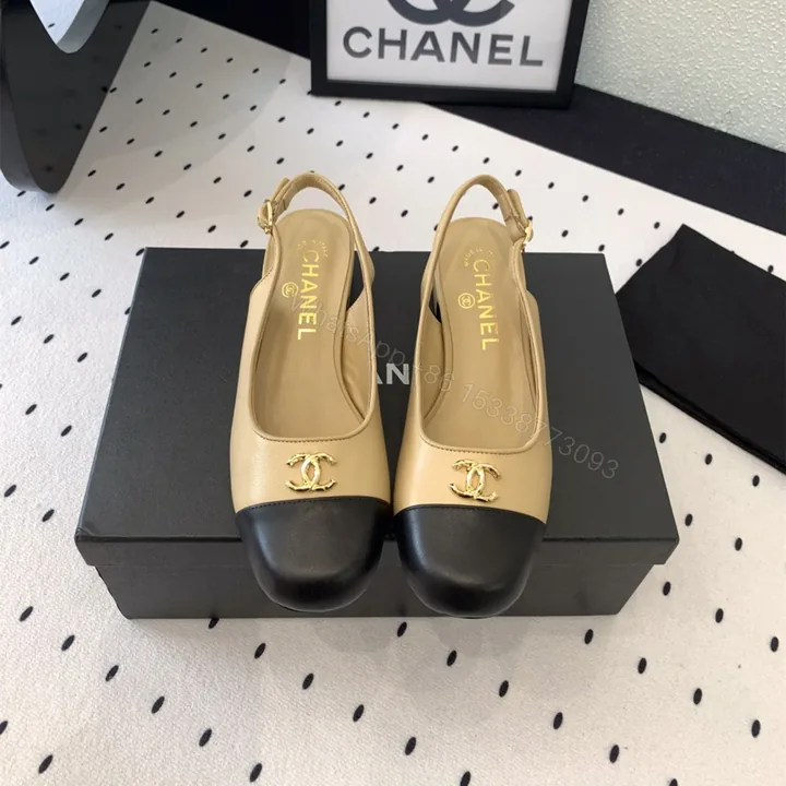 View 1 of 高仿Chanel*G45768D圓頭露跟單鞋小牛皮黃色3.5CM免檢版