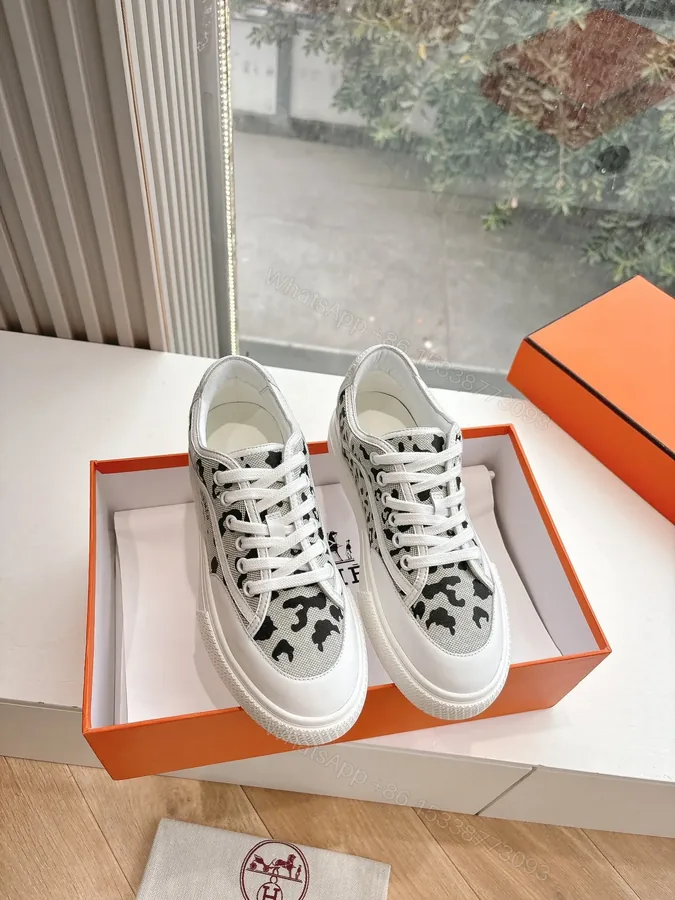 View 1 of Hermes Women White Canvas Leopard Print Sneakers