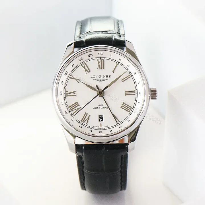 View 1 of Longines Master Classic Reproduction GMT Dual Time Watch White Dial Black Leather Strap Roman Numerals