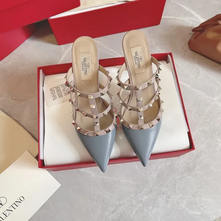 View 1 of Valentino Women Blue Leather Studded Mules