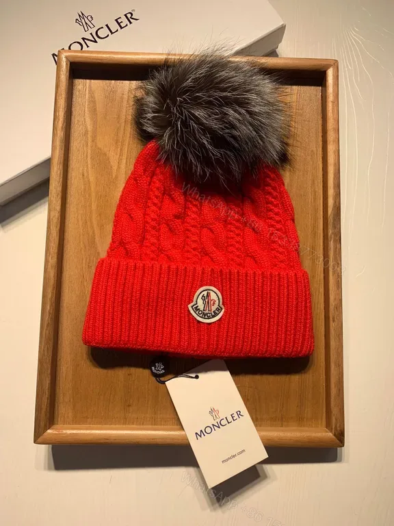 View 1 of Bold Red Cable-Knit Beanie with Pom-Pom, Moncler Style