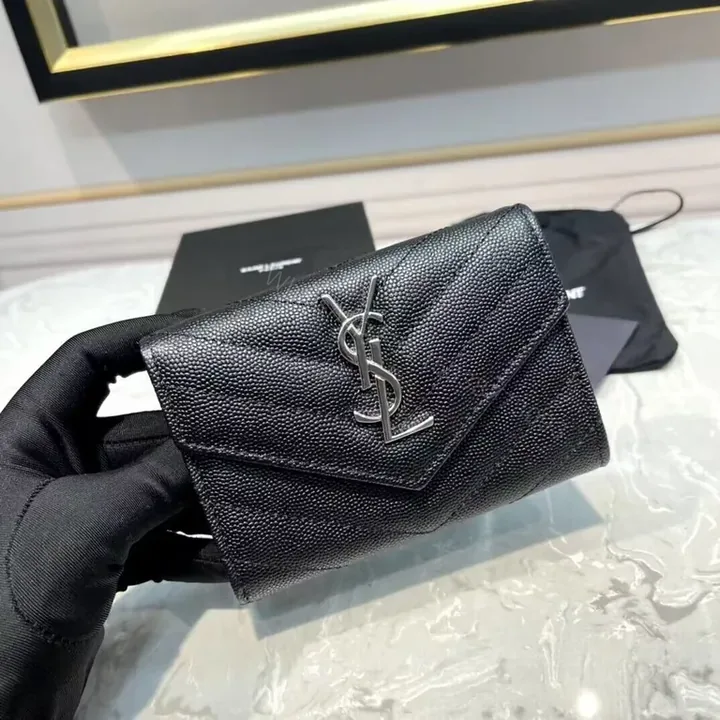 View 1 of Compact Black Pebble-Grain Leather Wallet with YSL Hardware