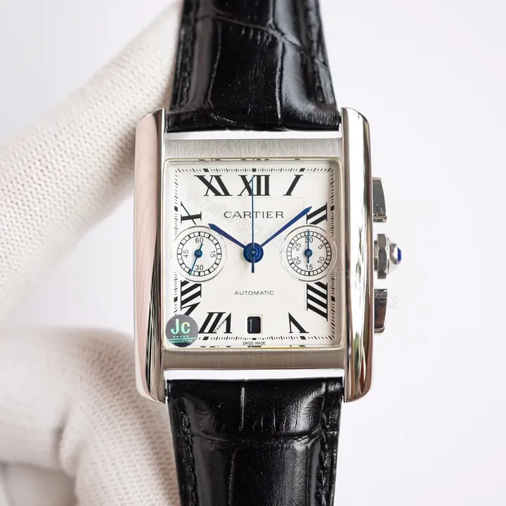 View 1 of TW Factory Cartier Tank Series W5330007 Silver Stainless Steel Watch with Black Leather Strap and Blue Sub-dials