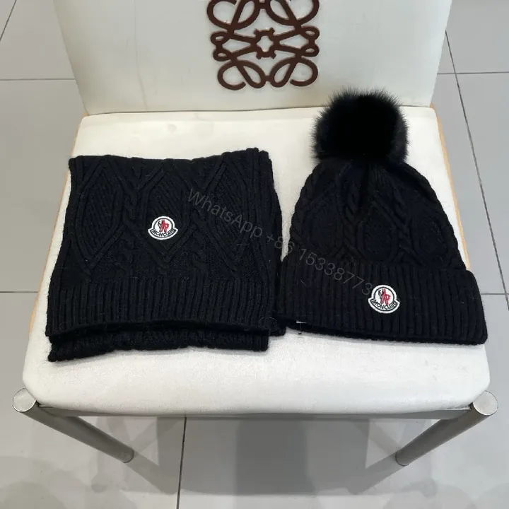 View 1 of Deep Black Knit Scarf & Beanie Set: Cable Knit, Cozy Warmth