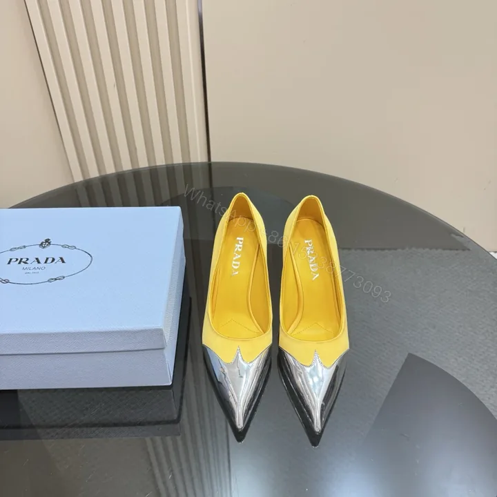 View 1 of 高仿Prada*春夏系列1l968M金屬漆皮尖頭細高踭鞋8.5CM黃色免檢版