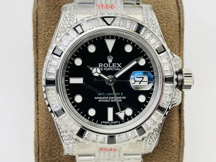 View 1 of Rolex GMT-Master II White Gold SANR Black Dial Paved Diamond Bezel Oyster Bracelet 40mm RLX-GMT-SANR-WG-BLK40-PAV