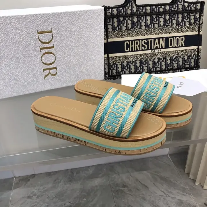 View 1 of Turquoise Canvas Striped Platform Sandals with Christian Dior Print